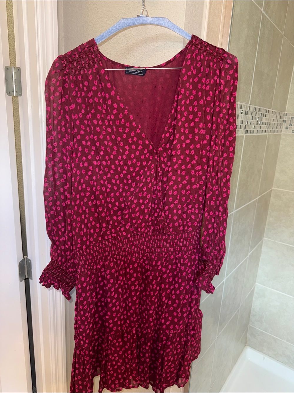 Vineyard Vines Burgundy Pink Floral V-Neck Long Sleeve Dress Size Large